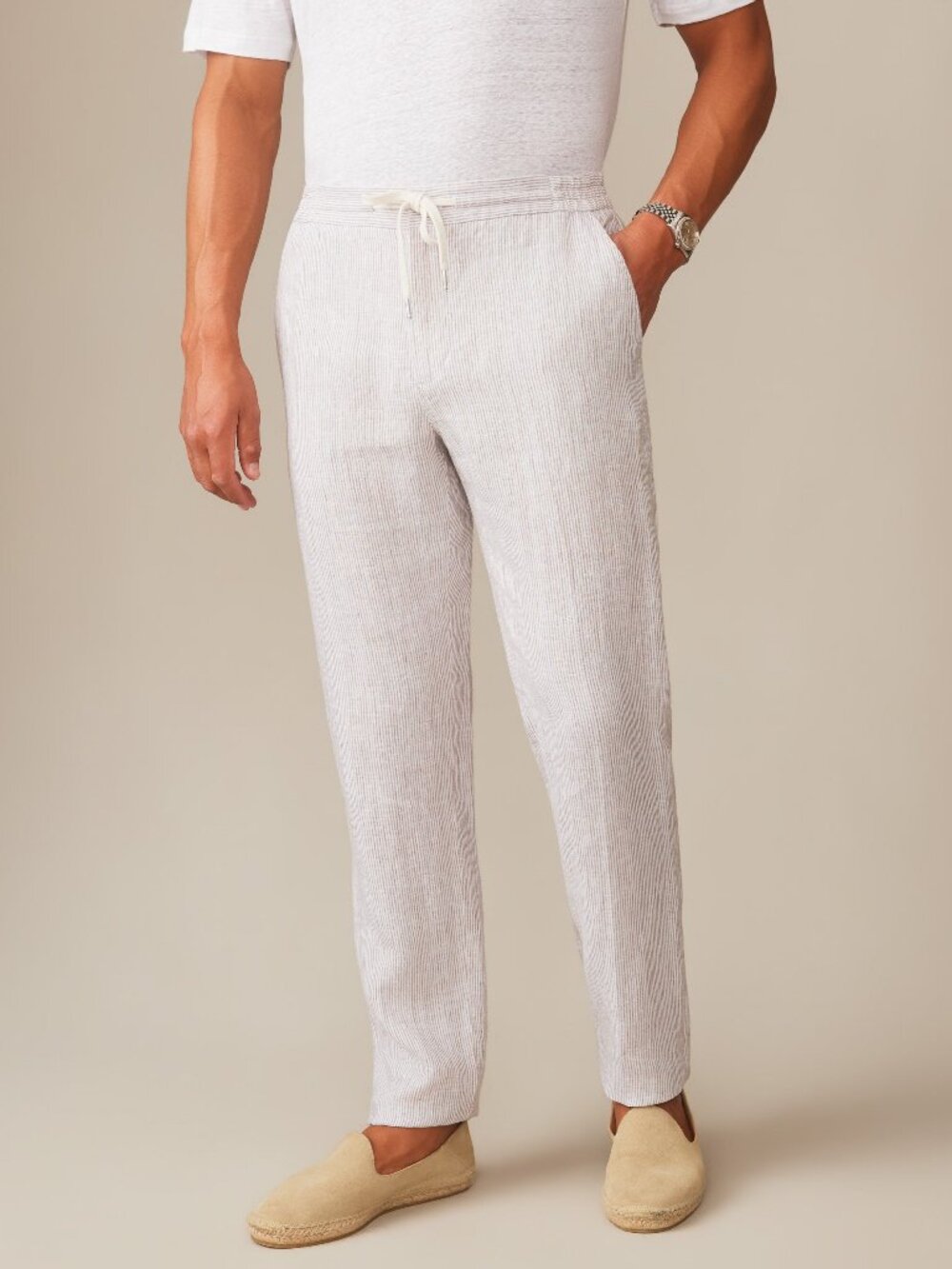 J McLaughlin Bleeker Linen Fancy Pants in Hairline Stripe - White/Beige NEW